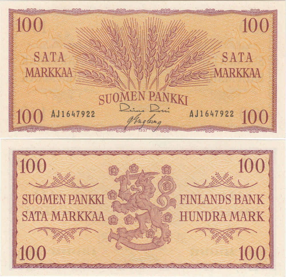 100 Markkaa 1957 AJ1647922 kl.9